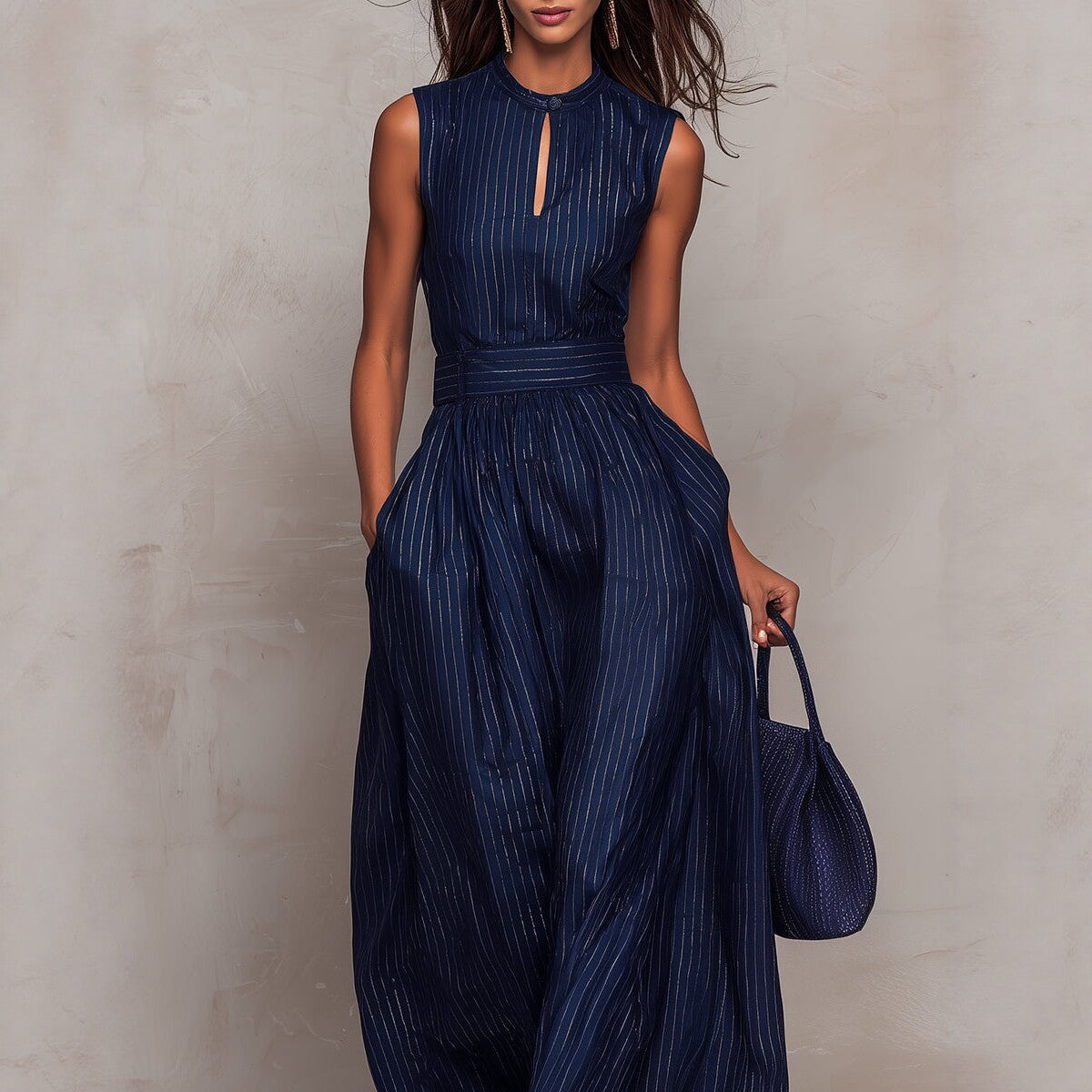 Women's Sleeveless Striped Wide-Leg Jumpsuit with Pockets FitiqueFit