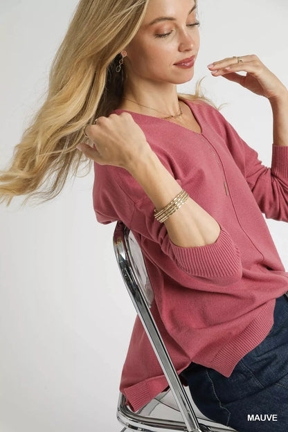 Umgee V-Neck High Low Hem Knit Top with Side Slit West2East Surf