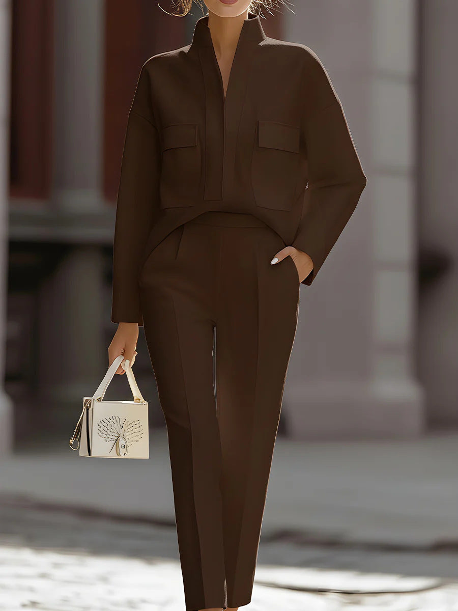 Women's Urban Commuter Pocketed Long-Sleeve Top & Pants Two-Piece Set FitiqueFit