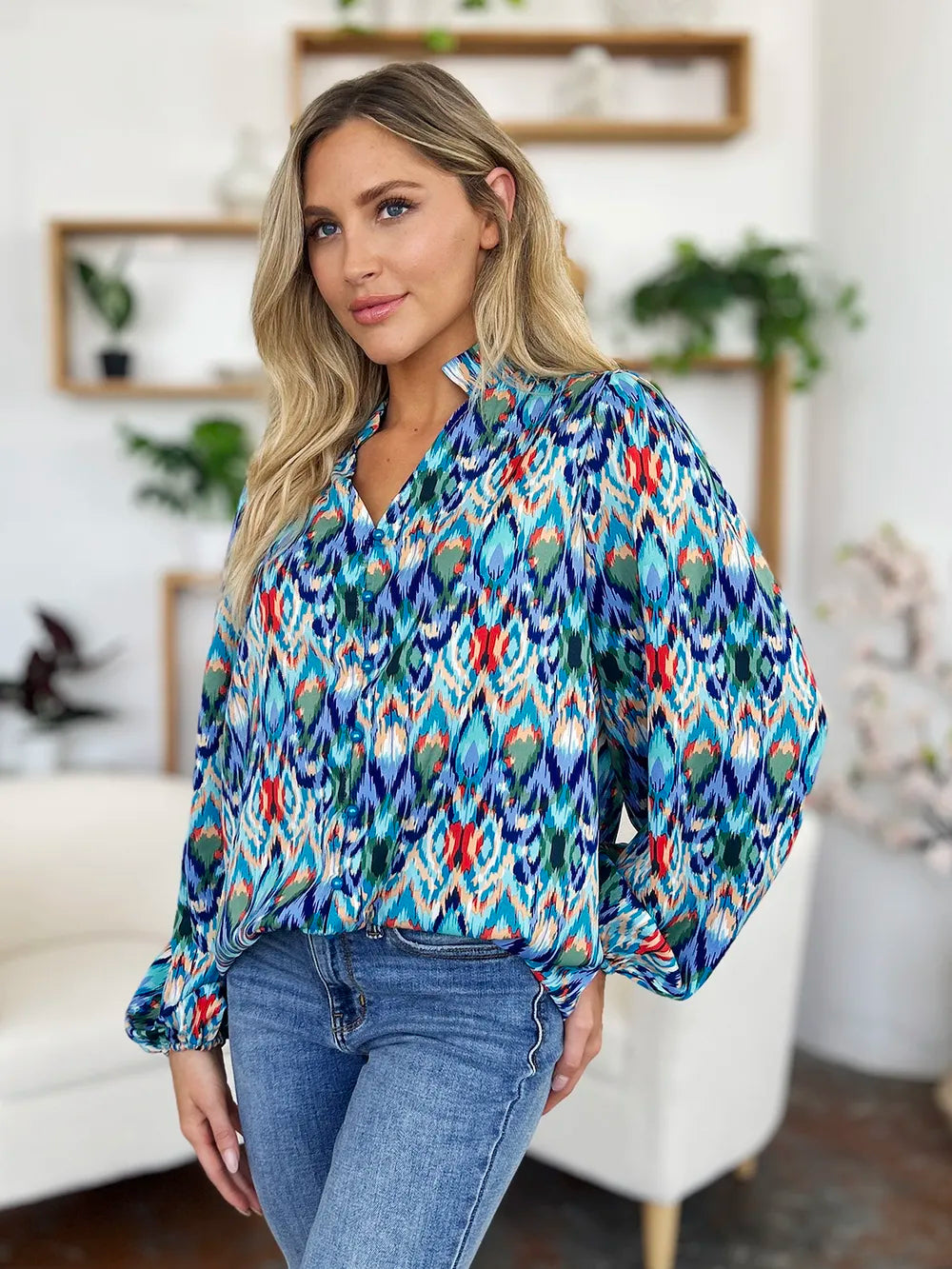 Double Take Full Size Printed Balloon Sleeve Blouse New Era Fashion LLc