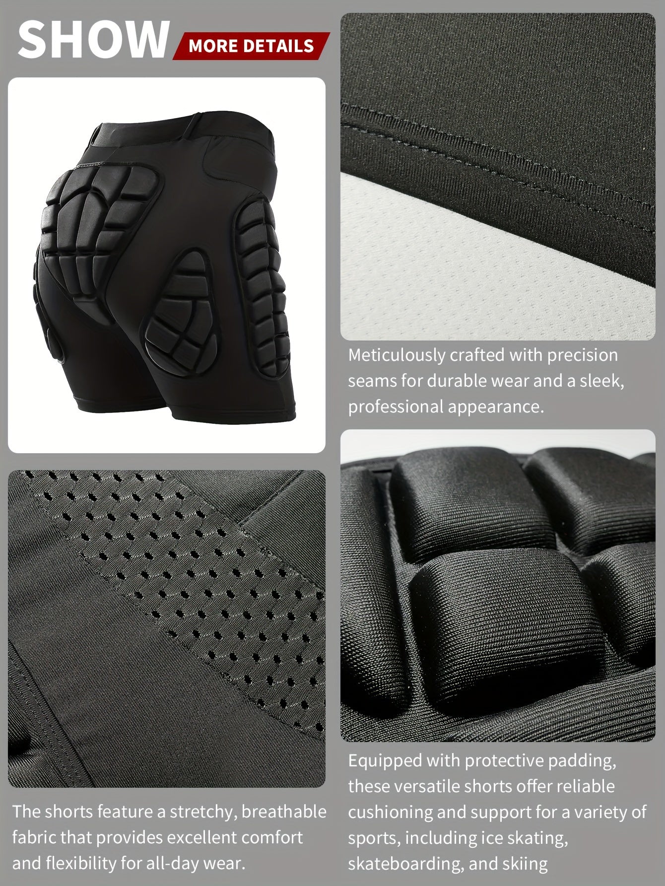 VEPAUS Breathable 3D Padded Shorts for Ice Hockey, Snowboarding, Gymnastics, Roller Skating - Moisture Wicking, Flexible, High Stretch Polyester Knit Fabric, Regular Fit, Four Seasons Sports Gear NovaCart