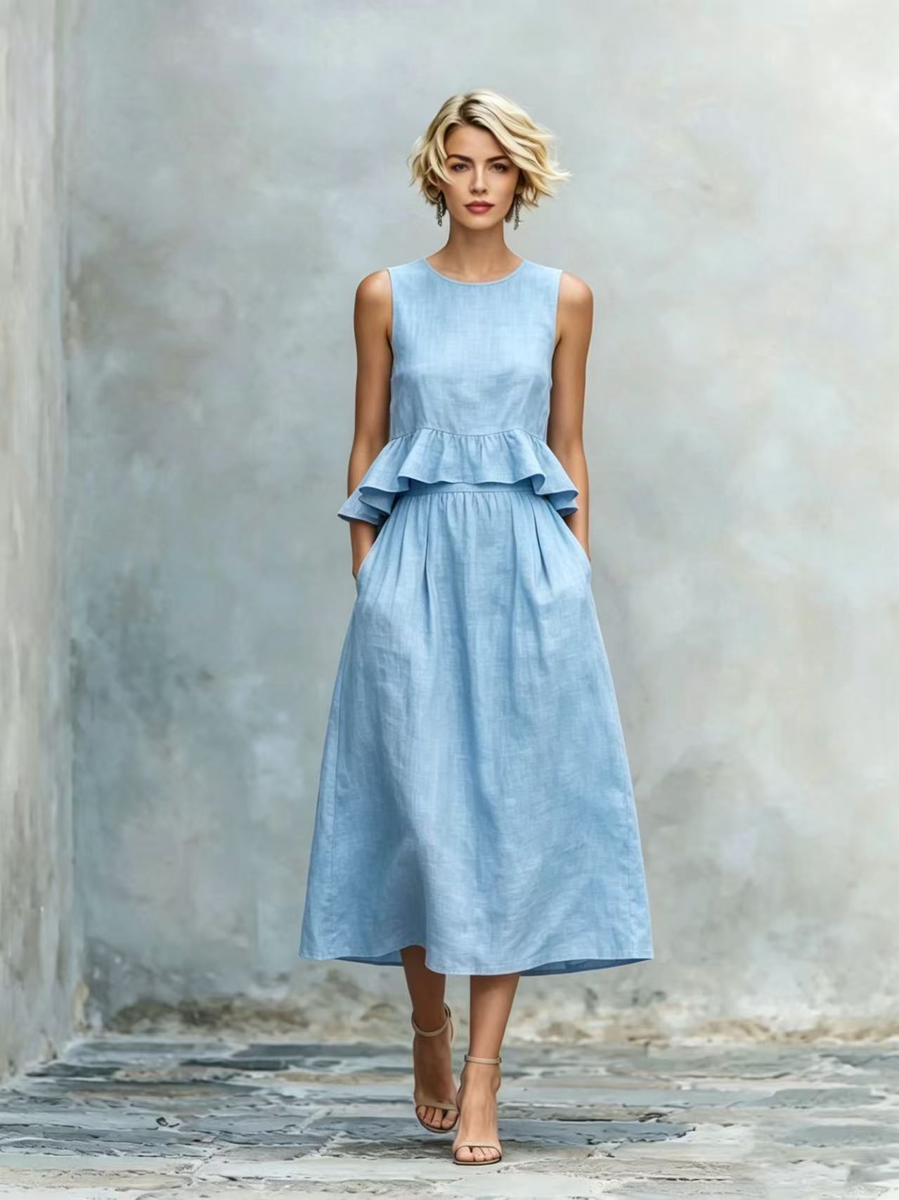 Women's Sleeveless High-Waist Ruffle Trim Maxi Dress FitiqueFit