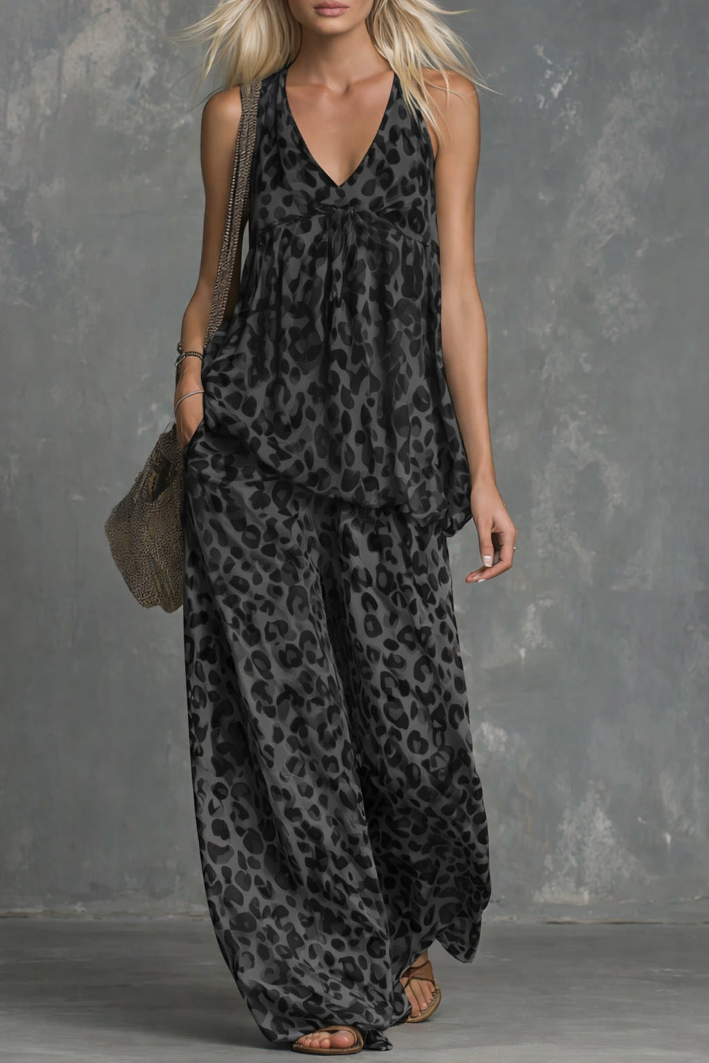 Women’s Leopard Print Sleeveless Top and Chiffon Pants Set FitiqueFit
