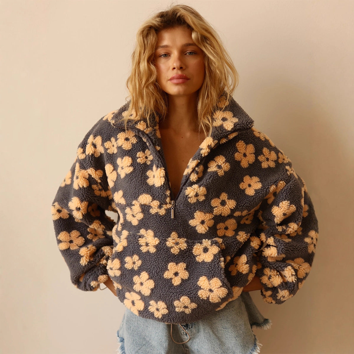 Winter Flowers Lambskin Sweatshirt Women | Cozy Zip-Up Pocket Pullover FitiqueFit