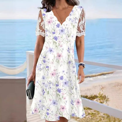 Women's Floral Lace Flounce Neckline High-Waist A-Line Midi Dress FitiqueFit