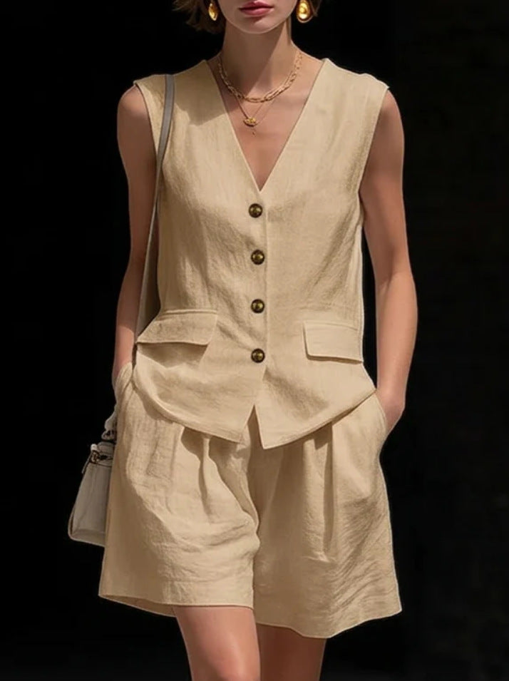Women’s Cotton Linen Sleeveless Vest Top and Shorts Set FitiqueFit