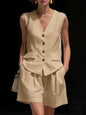 Women’s Cotton Linen Sleeveless Vest Top and Shorts Set FitiqueFit