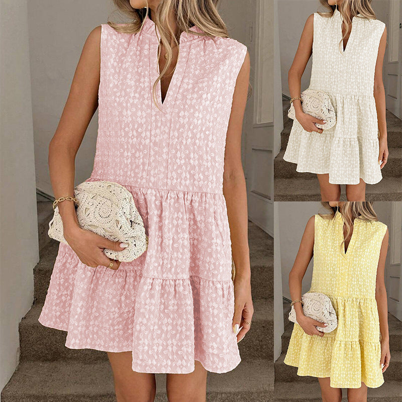 Women's Patchwork V-Neck A-Line Dress – Sleeveless Midi Dress FitiqueFit