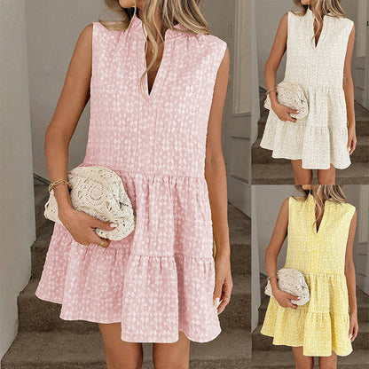 Women's Patchwork V-Neck A-Line Dress – Sleeveless Midi Dress FitiqueFit