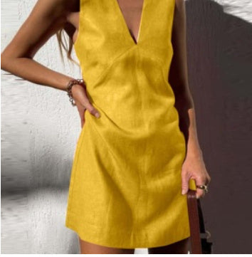 🌿 V-Neck Cotton & Linen Sleeveless Mini Dress FitiqueFit