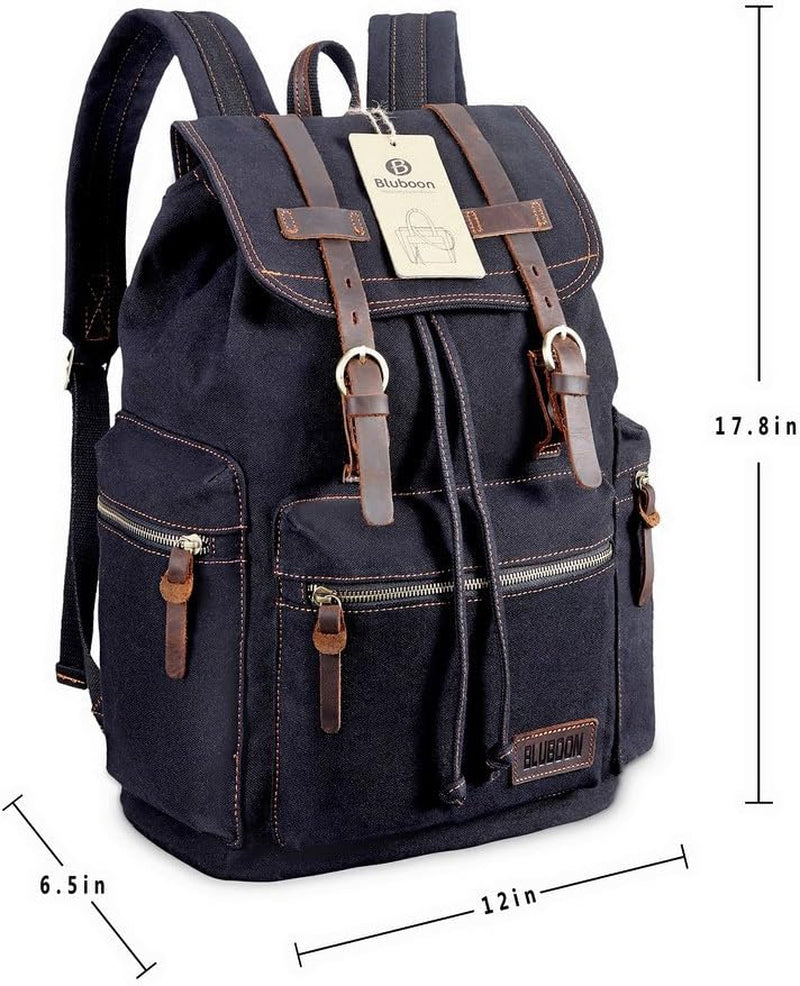 Vintage Backpack Leather Trim Casual Bookbag Men Women Laptop Travel Rucksack