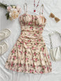 Boho Floral Spaghetti Strap Mini Dress – Ruched Ruffle Hem Vacation Sundress FitiqueFit
