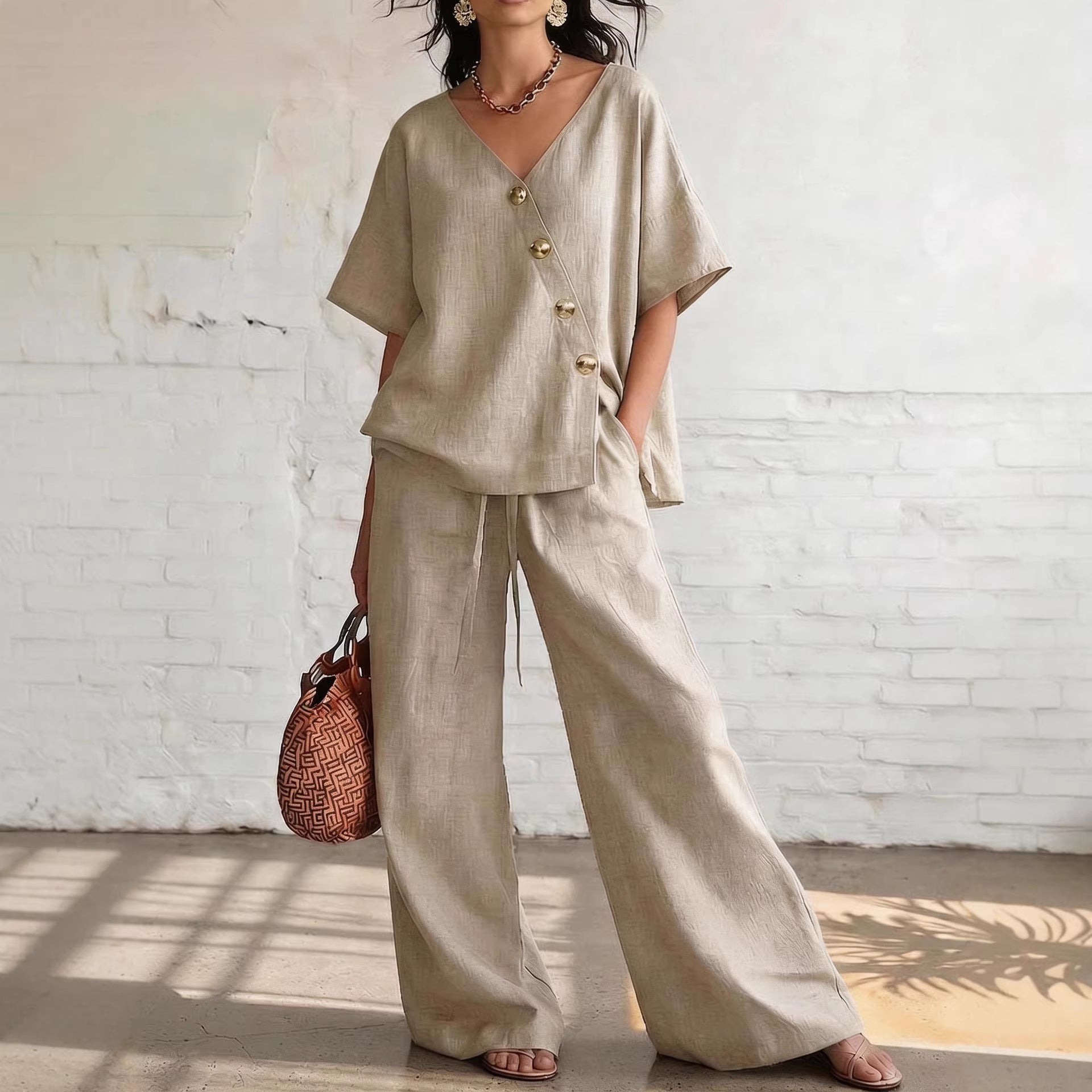 Women's Loose Cotton-Linen V-Neck Top & Wide-Leg Pants Set FitiqueFit