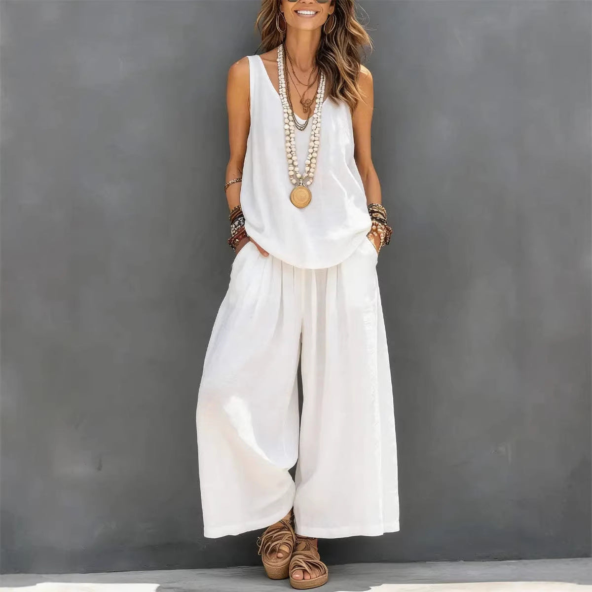 Women’s Cotton Linen Sleeveless Tank Top and Wide-Leg Pants Set FitiqueFit