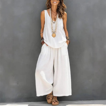 Women’s Cotton Linen Sleeveless Tank Top and Wide-Leg Pants Set FitiqueFit
