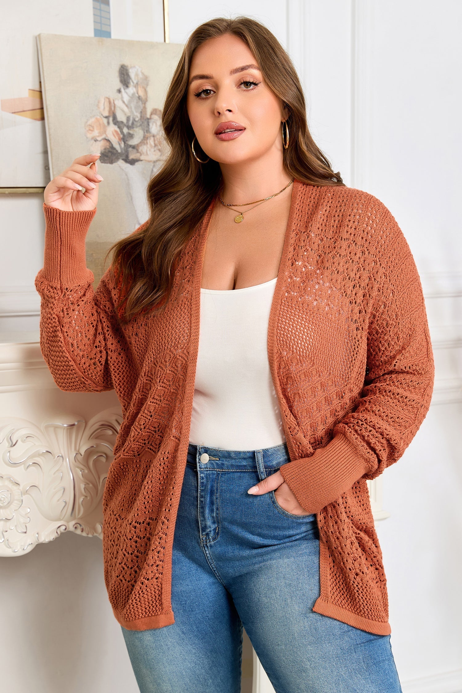 Redwood Burl Mixed Pattern Knitted Open Front Plus Cardigan Garden Naked Curves