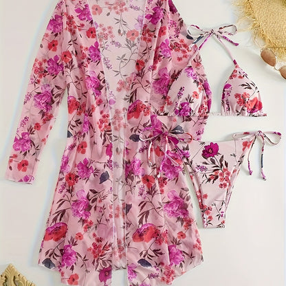 Bikini European Style Floral Print 3 Piece Swimsuit Set for Women – Sexy V Neck Bikini with Cross Strap Detail and Matching Long Sleeve Cover-Up – High Stretch Trendy Swimwear for Summer Beach Vacations Resort Looks and Poolside Fashion Stevvex