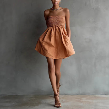 Women's Strapless Tube Mini Dress – Solid Color Elastic Waist FitiqueFit