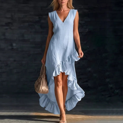Sleeveless V-Neck Ruffle Hem Maxi Dress – Women's Cotton Linen FitiqueFit