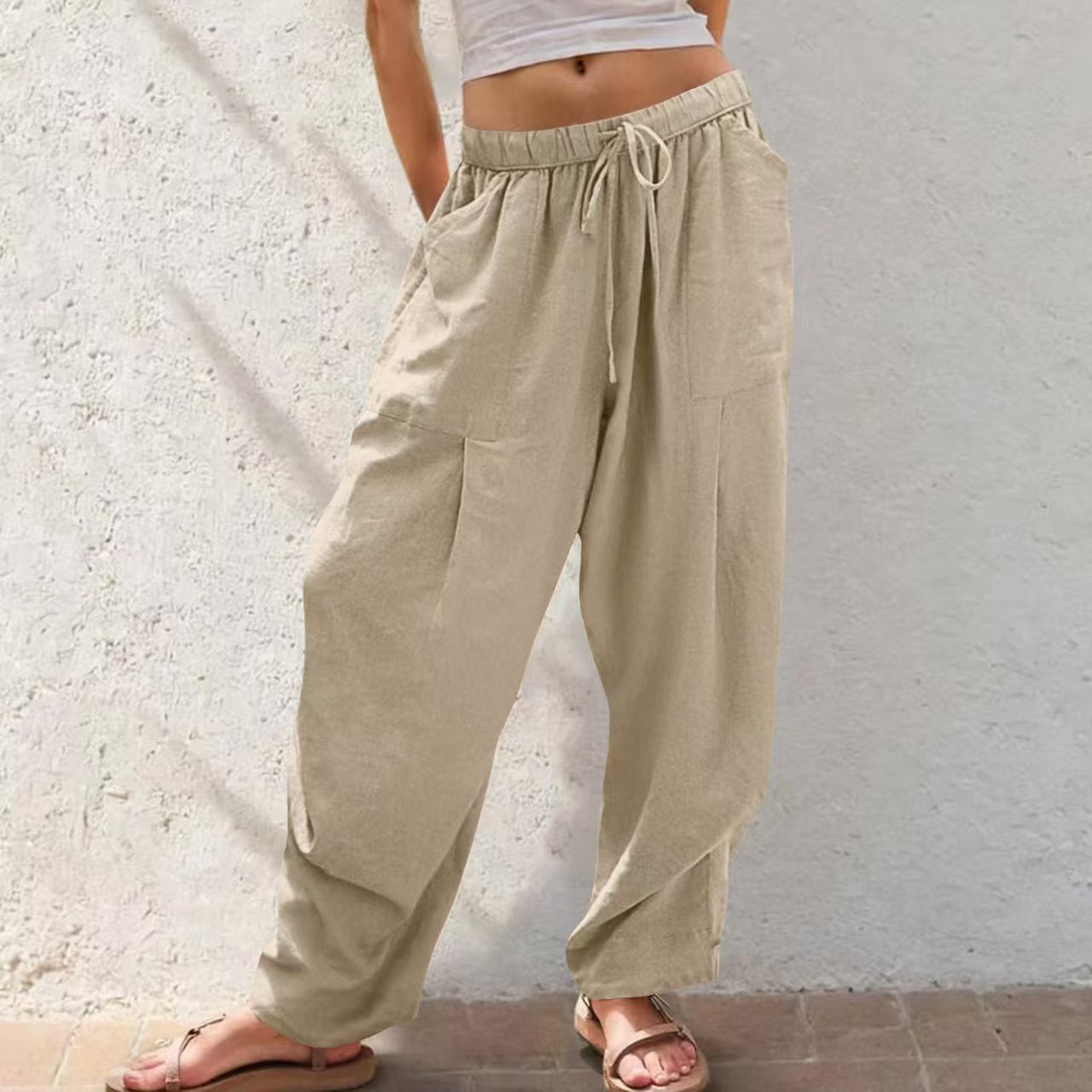 Womens Solid-Color Cotton-Linen Casual Loose Straight Pockets Lounge Pants With Drawstring See size chart under “more details” The Fashion Celestial