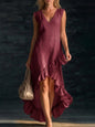Sleeveless V-Neck Ruffle Hem Maxi Dress – Women's Cotton Linen FitiqueFit