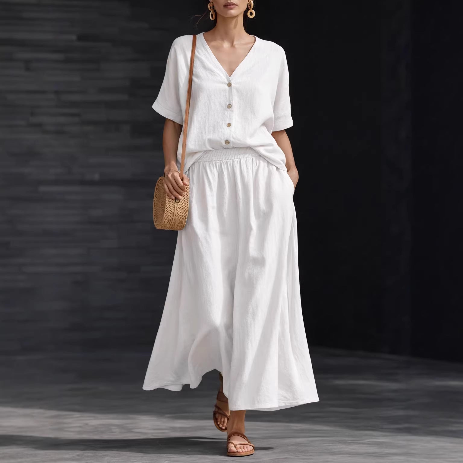 Women's Cotton-Linen V-Neck Button-Up Top & Long Skirt Set FitiqueFit