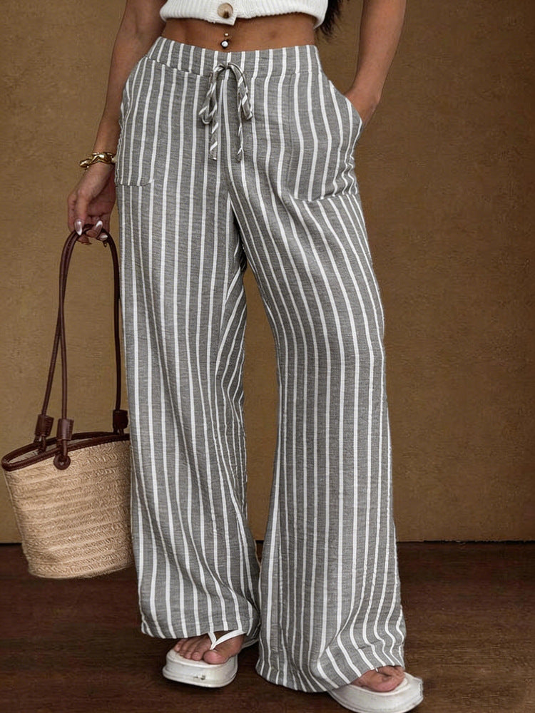Women's Striped Wide-Leg Trousers – Lace-Up Elastic Waist Loose Fit FitiqueFit