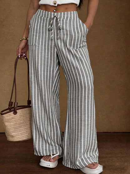 Women's Striped Wide-Leg Trousers – Lace-Up Elastic Waist Loose Fit FitiqueFit