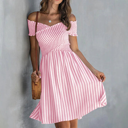 Women's Off-Shoulder Striped Waist-Cinching Midi Dress FitiqueFit