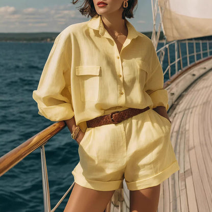 Cotton-Linen Loose-Fit Button-Down Shirt and Shorts Casual Set FitiqueFit