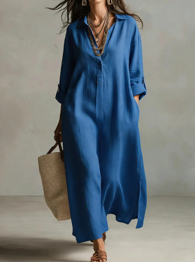 Women's Casual Long-Sleeve Linen Shirt Dress – Relaxed Fit FitiqueFit
