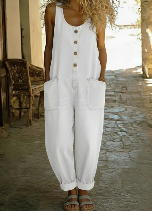 Retro Buckle Multi-Pocket Overalls Jumpsuit | 3/4 Sleeve FitiqueFit