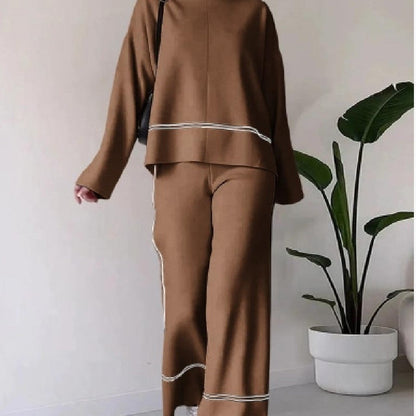 Women’s Solid Color Casual Two-Piece Set – Loose Top & Bootcut Pants Suit FitiqueFit