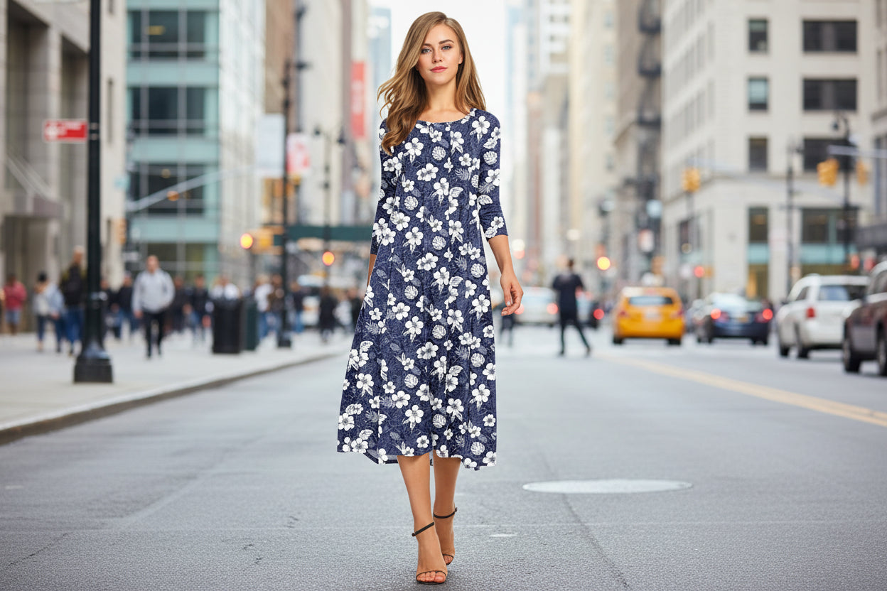 Women’s Floral Patchwork Three-Quarter Sleeve Dress FitiqueFit