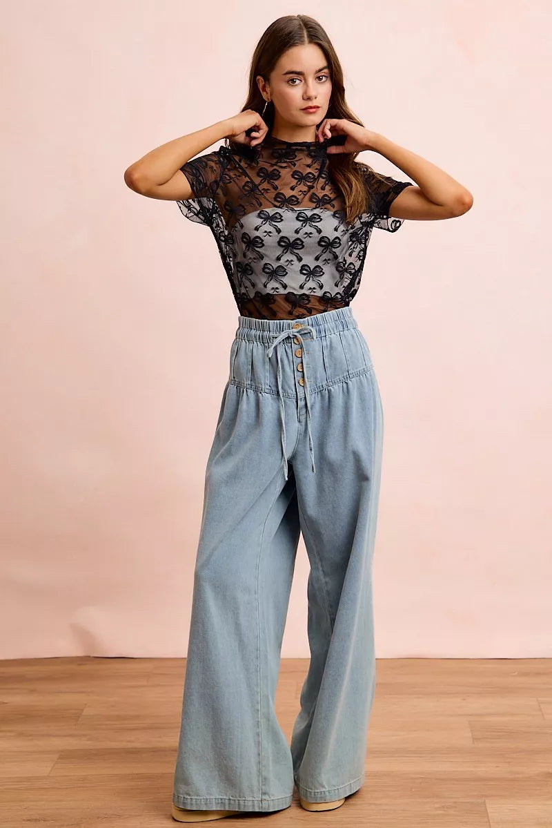 BiBi High Neckline Short Sleeves Bow Pattern Mesh Top New Era Fashion LLc