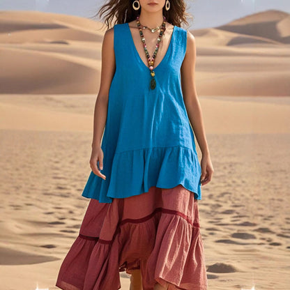 Women's Sleeveless Color-Block Patchwork Maxi Dress – V-Neck FitiqueFit