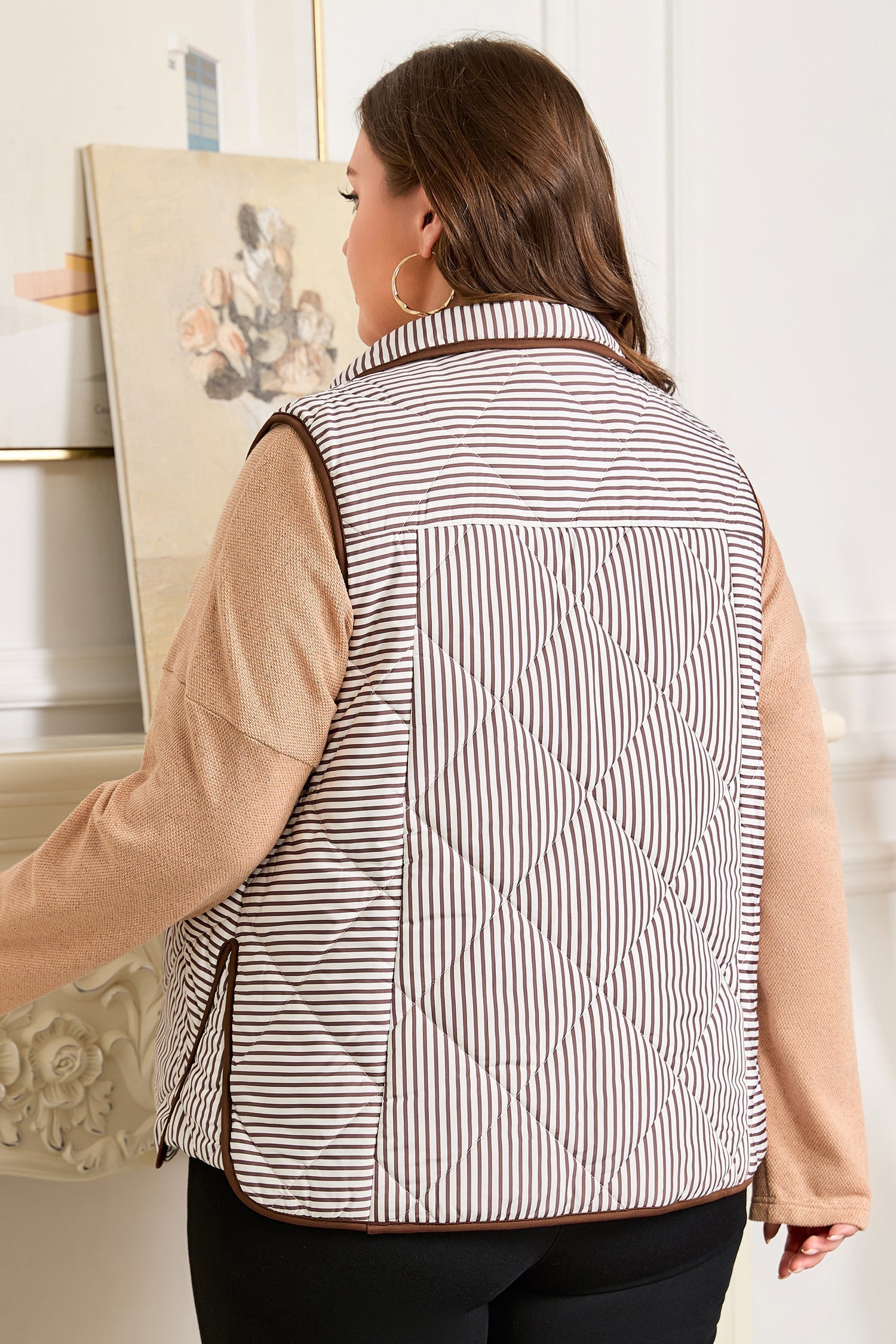 Brown Stripe Quilted Wavy Hem Snap Button Plus Size Vest Garden Naked Curves