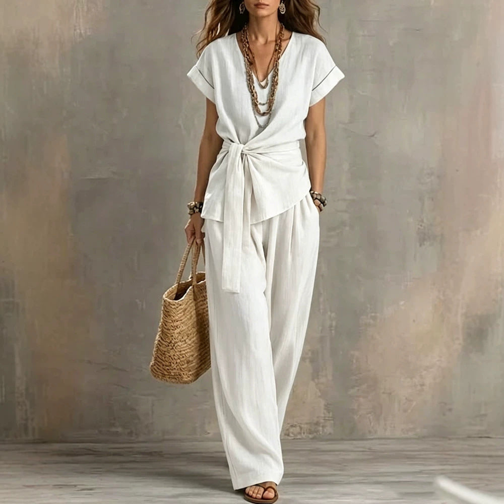 Women's V-Neck Short-Sleeve Top & Pants Two-Piece Set FitiqueFit