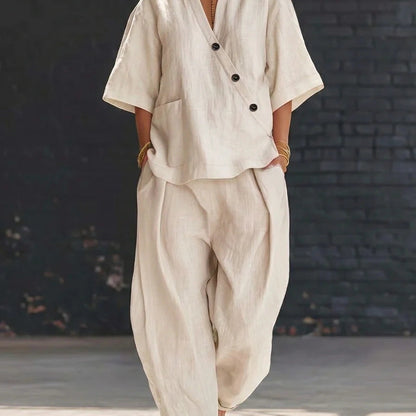 V-Neck Short Sleeve Top & High-Waist Trousers Two-Piece Set FitiqueFit