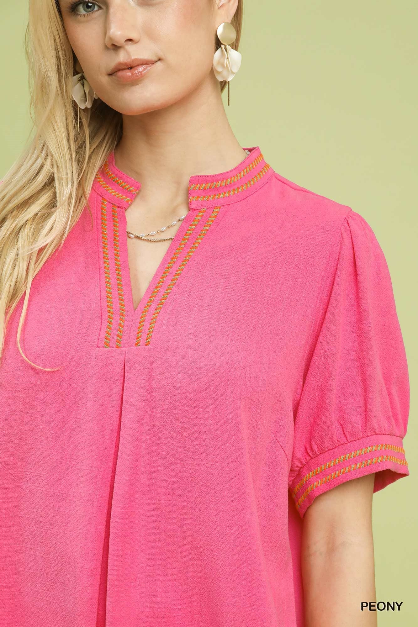 Umgee Embroidery Linen Puff Sleeve Blouse New Era Fashion LLc