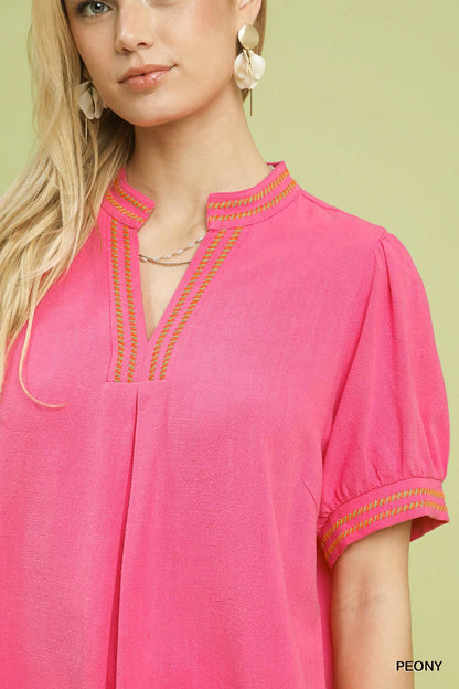 Umgee Embroidery Linen Puff Sleeve Blouse New Era Fashion LLc