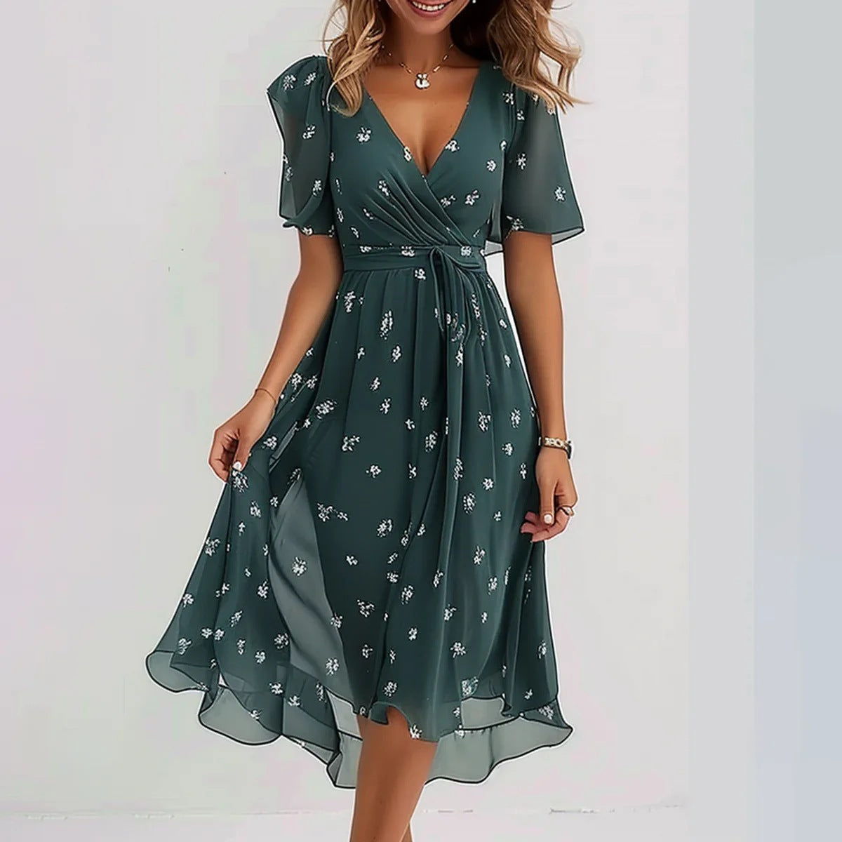 Chiffon Print V-Neck Dress – Elegant Two-Piece Set Midi Dress FitiqueFit