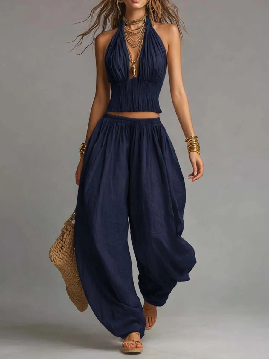 Women's Sleeveless Backless Halter Top & Wide-Leg Pants Set FitiqueFit
