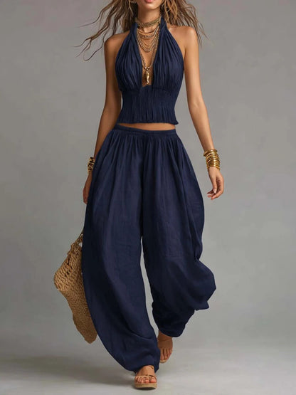 Women's Sleeveless Backless Halter Top & Wide-Leg Pants Set FitiqueFit