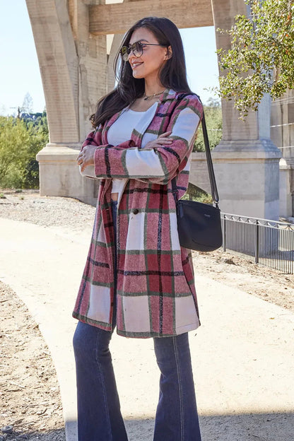 Double Take Full Size Plaid Button Up Lapel Collar Coat West2East Surf