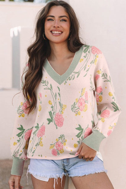 Floral Stripe Contrast V-Neck Sweater Shop Style & More | Fresh Looks, Everyday Deals & Free Shipping