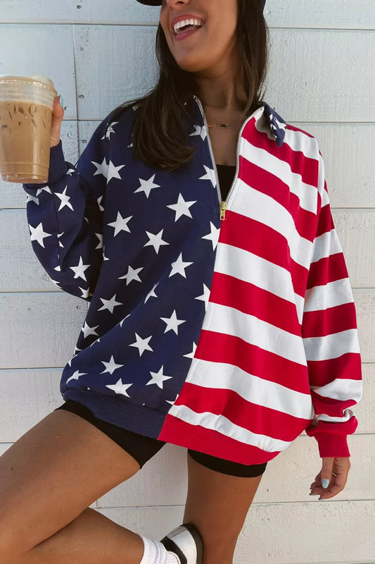 American Flag Print Half Zip Sweatshirt New Era Fashion LLc