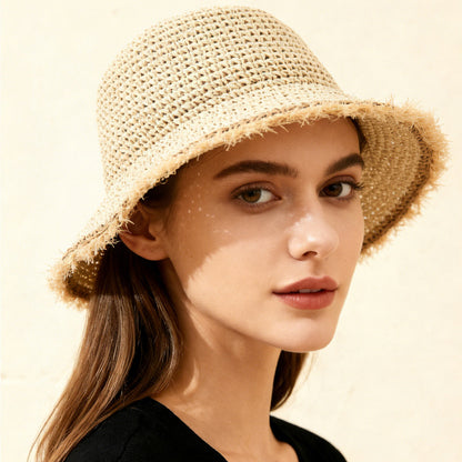 Women's Wide-Brim Fringed Woven Straw Hat | Beach & Vacation Sun Hat FitiqueFit