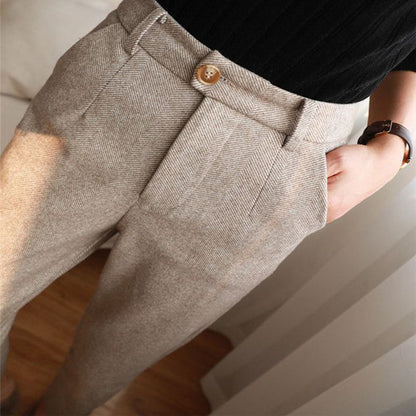 Women's Solid Color Wool-Like Tapered Trousers | Classic Ankle-Length Pants FitiqueFit