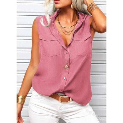 Women's Lapel Collar Sleeveless Top – Loose Fit, Pockets, Solid Color FitiqueFit